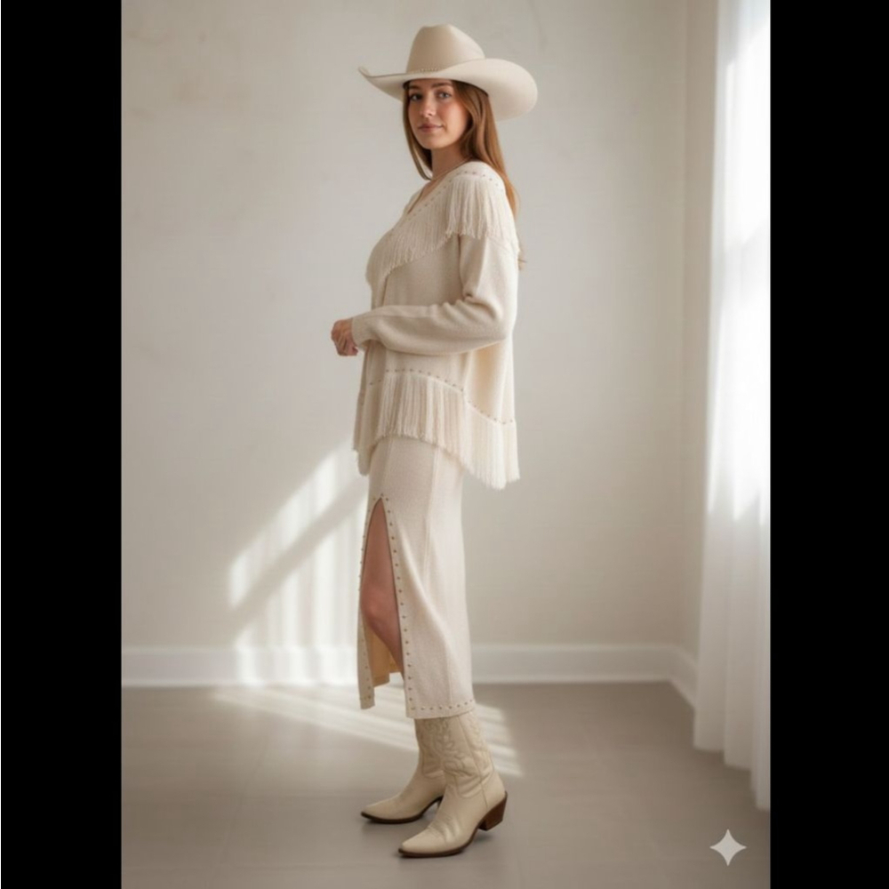 Women's Coastal Cowgirl Cream Fringe 2-piece Knit Sweater Set Western Boho